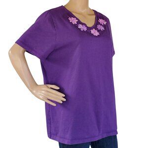 Liz & Me Tee T Shirt Top Women's 16 Purple Satin Flower Applique Knit Stretch